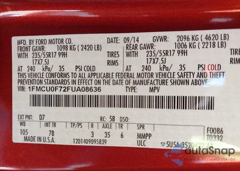 2015 Ford Escape S из США, поврежденный, VIN 1FMCU0F72FUA08636